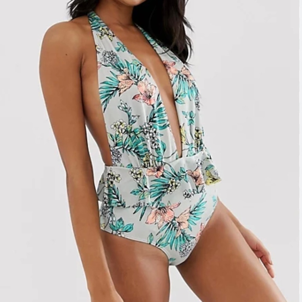 ASOS Ruffle Peplum Plunge Tropical Floral Print one piece Swimsuit‎ US 8 sexy - Picture 9 of 12